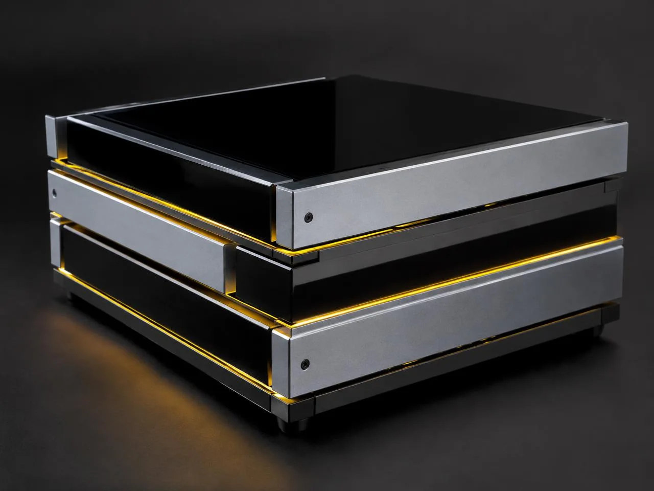 Precision layers of glass and aluminum connected by yellow seams.