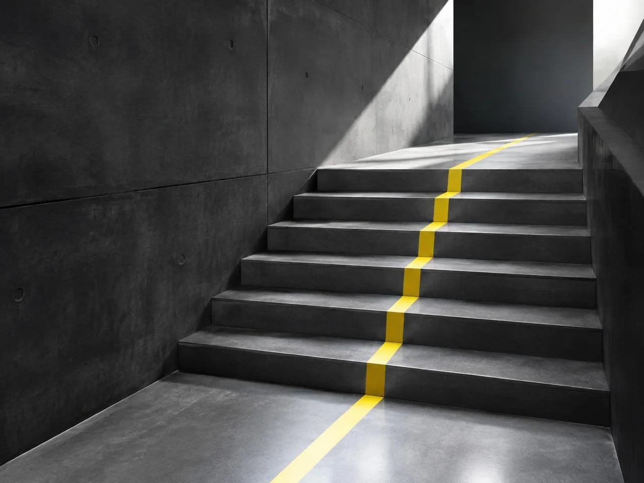 A yellow path ascends an architectural staircase.