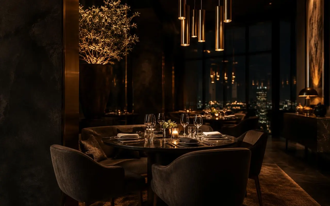 A dimly lit hotel restaurant with a set table under brass pendant lights